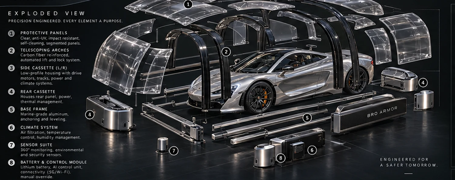Exploded view of the BRO ARMOR subsystems around a supercar