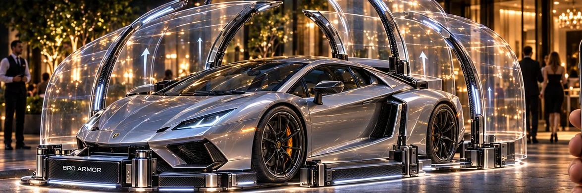 A silver supercar at a hotel forecourt with the BRO ARMOR arches rising mid-deployment around it